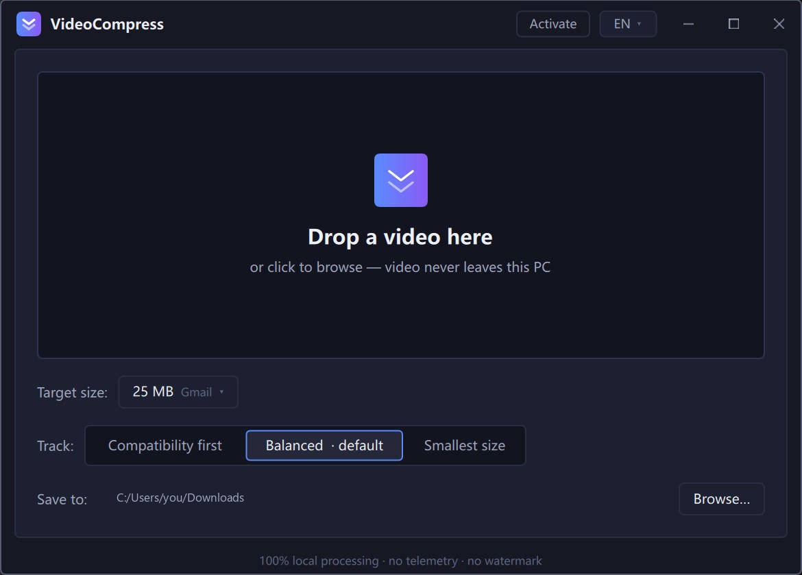 VideoCompress app — drop a video, pick a 25 MB target, compress locally